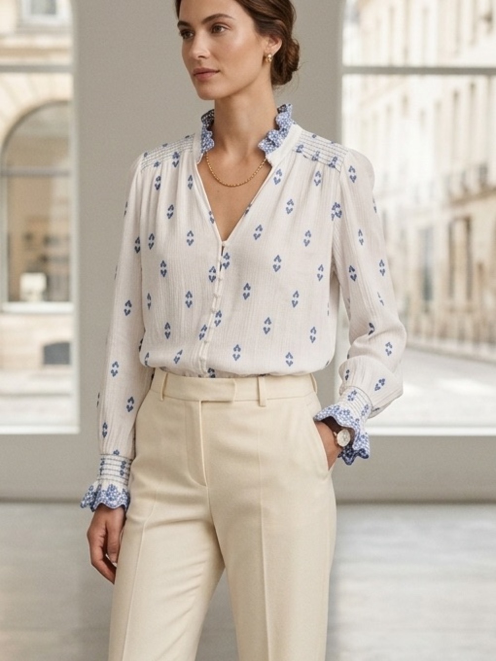 Suncoo Paris Lia Blouse S Boho Cottagecore Smocked Embroidered Blue White Top